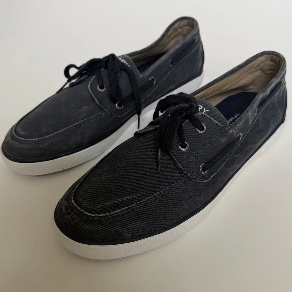 Sperry Top-Sider Mens Washed Navy Blue Canvas Boat Shoes Minimalist Sneakers 10